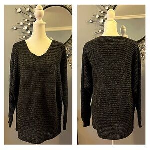 🎉PARTY SWEATER! WOMEN’S SPARKLY BROWN & GOLD V-NECK KNIT DOLMAN SWEATER M/L NYE!
